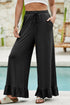 Pull On Elastic High Waist Drawstring Pocket Ruffle Hem Wide Leg Pants